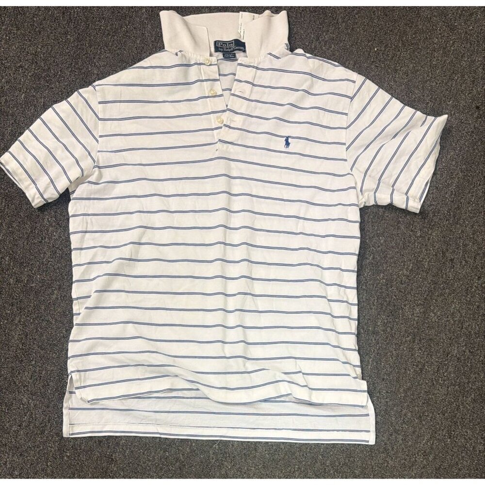 Polo Ralph Lauren Pima Cotton Polo Shirt Mens L White Blue Striped Soft Touch